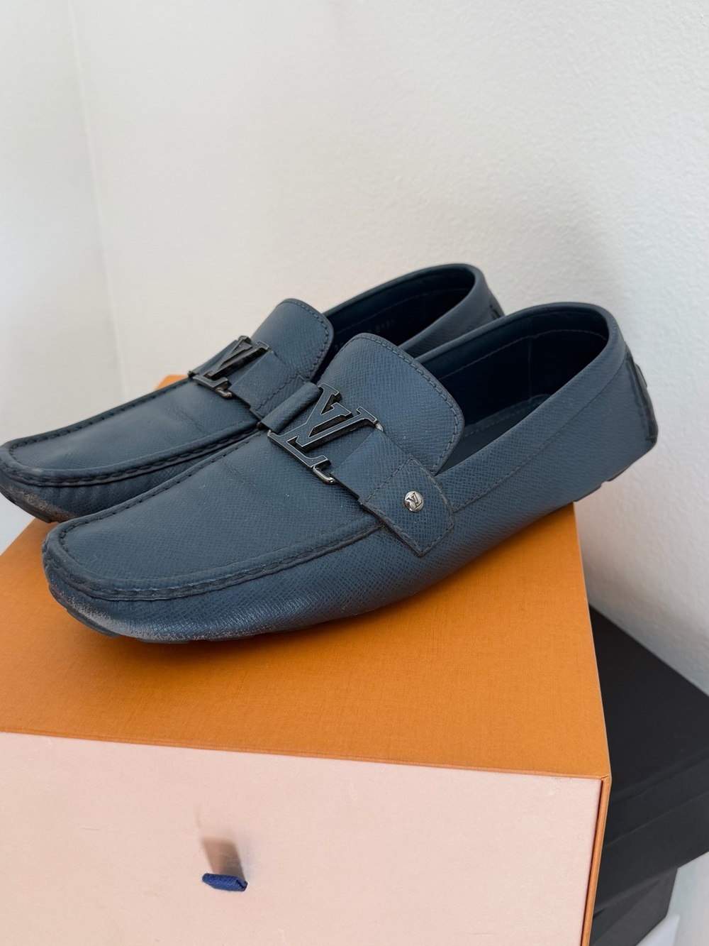 Louis Vuitton Navy Textured Leather Driving Loafers with Metal LV Accent